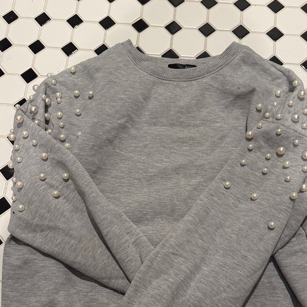 Aqua Gray Pearl Embellished Sweatshirt